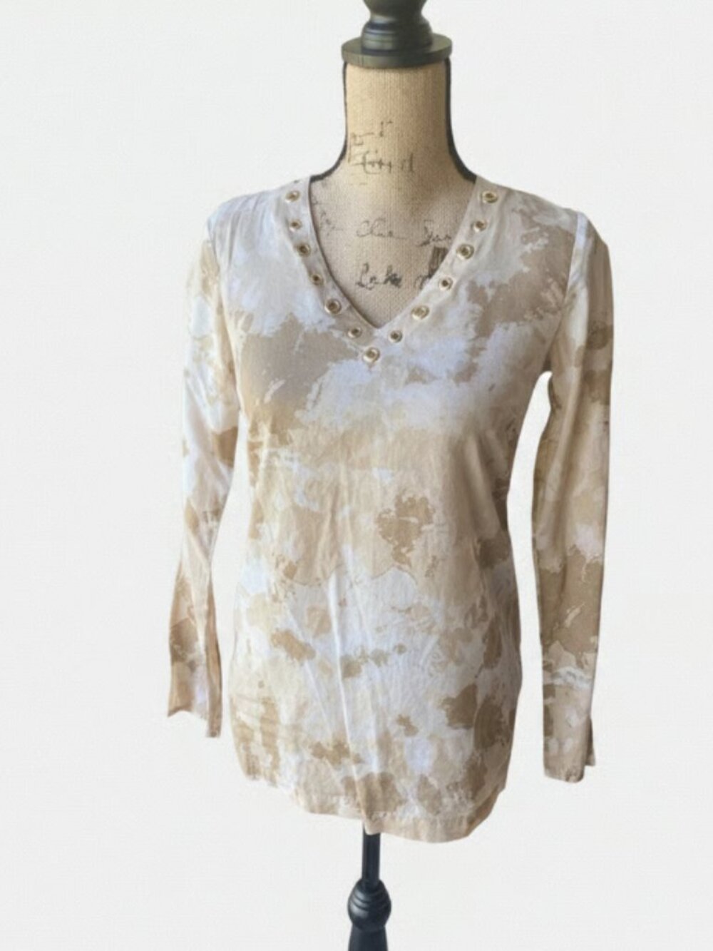 Michael Kors Chino Blouse Top S Multicolor V Neck Long Sleeve Shirt Cotton New